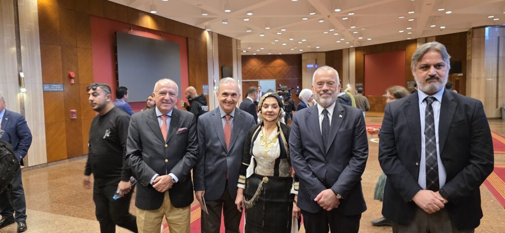 From left, Ambassador Mr. Konstantinos Piperigos, the representative of the Greek PIRAMATIKO ERGASTIRI VERGINAS, Mr. Pavlos Trochopoulos, the president of the Vergina Association, Ms. Eudoxia Manolopoulou, the Greek Ambassador in Cairo, Mr. Nikolaos Papageorgiou, and the Consul of Greece in Alexandria, Mr. Ioannis Pyrgakis.